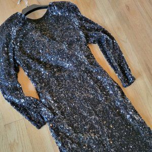 Oleg Cassini Beaded Black Cocktail Dress, w/ Draped Back